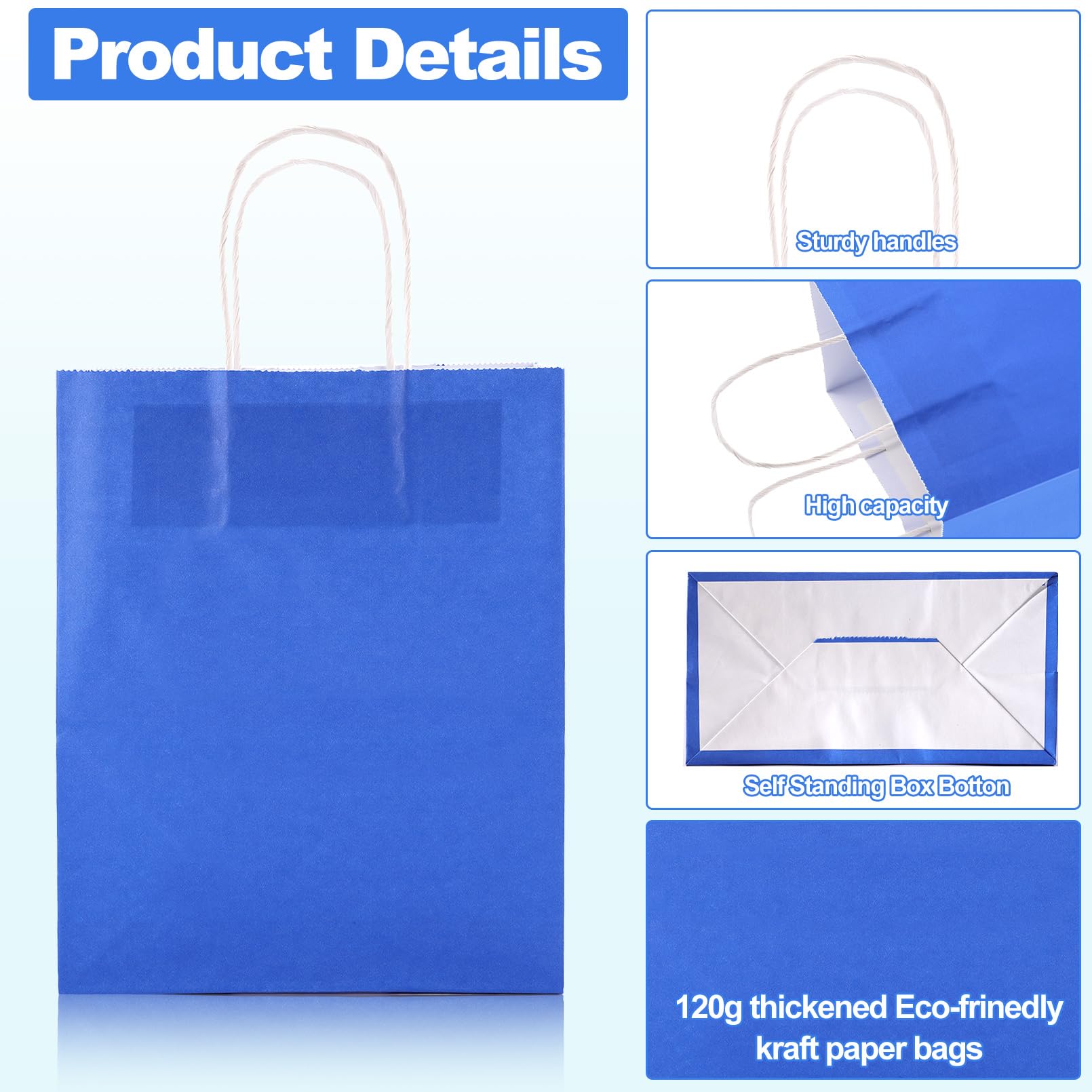 Cptoion 50 Pack Blue Paper Bags with Handles Bulk,Medium Blue